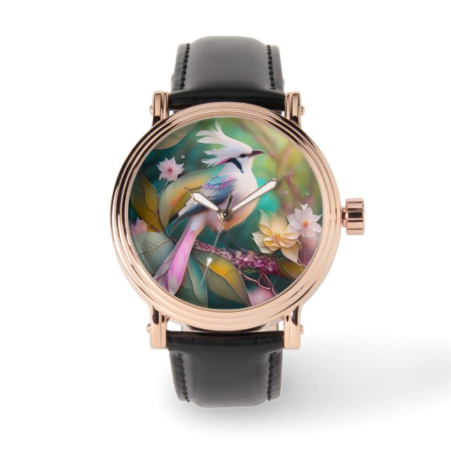 Witte Crested Blush Tail Jay Fantasy Bird Horloge (Voorkant)