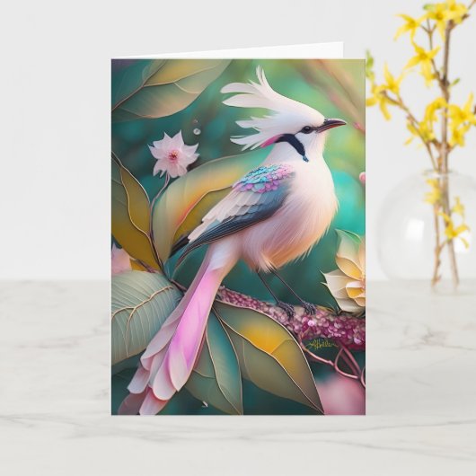 Witte Crested Blush Tail Jay Fantasy Bird Kaart (Gele Bloem)