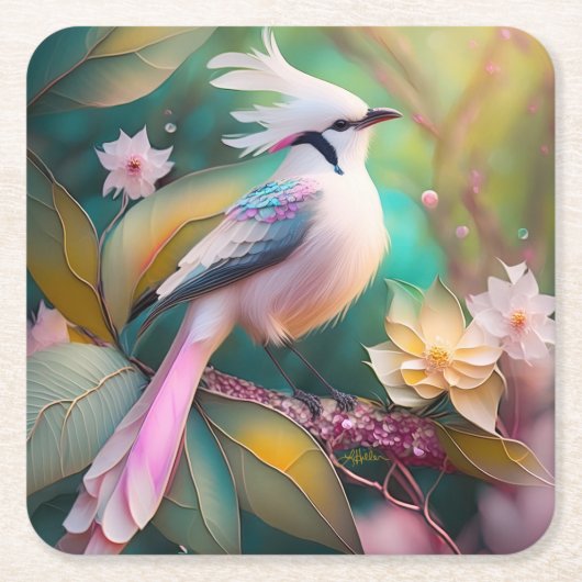 Witte Crested Blush Tail Jay Fantasy Bird Kartonnen Onderzetters (Voorkant)