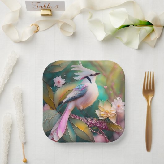 Witte Crested Blush Tail Jay Fantasy Bird Papieren Bordje (Huwelijk)