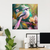 Witte Crested Blush Tail Jay Fantasy Bird Poster (Thuiskantoor)