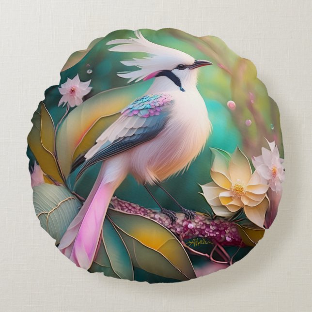 Witte Crested Blush Tail Jay Fantasy Bird Rond Kussen (Voorkant)
