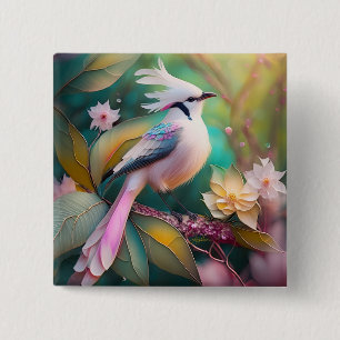 Witte Crested Blush Tail Jay Fantasy Bird Vierkante Button 5,1 Cm