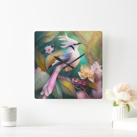 Witte Crested Blush Tail Jay Fantasy Bird Vierkante Klok (Huis)