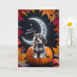 Witte Cute Wolf met Halve Maan Nachtelijke Herfst Kaart