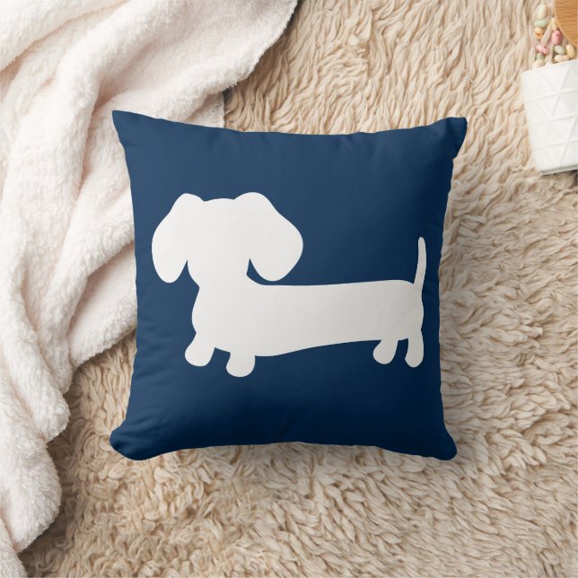 Witte Dachshund Puppy op Navy Pillow Medium Kussen (Deken)