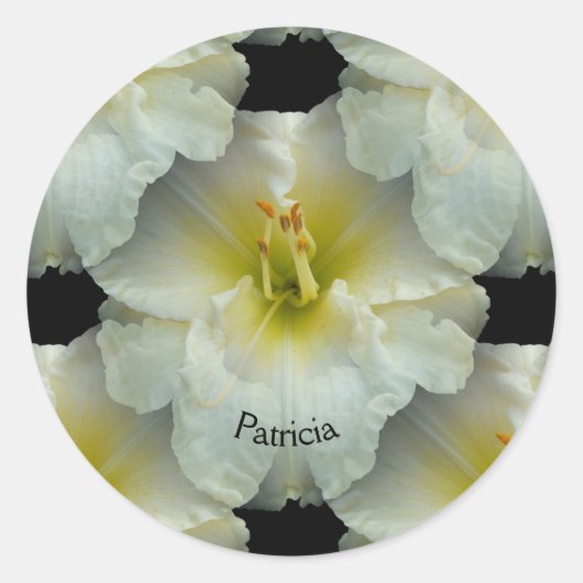 Witte Daglelie met Geel/Naadloos Tegel Patroon Ronde Sticker (Voorkant)