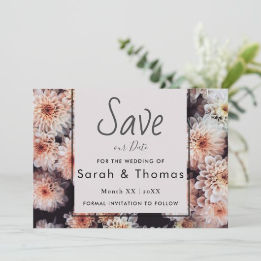 WITTE DAHLIA BLOEMELEGANT BEWAAR ONZE DATUM AANKONDIGING (Staand voorkant)