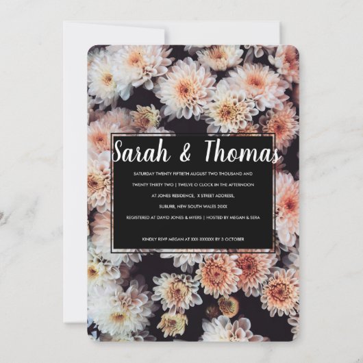 WITTE DAHLIA BLOEMIGE ELEGANTE VERLOVINGSFEEST KAART (Achterkant)