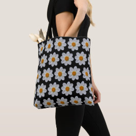 Witte Dahlia Bloempatroon op Zwart Tote Bag