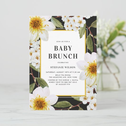 Witte Dahlia en Spirea Botanische Baby Brunch Kaart (Staand voorkant)