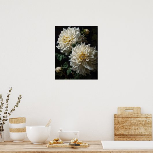 Witte Dahlia Flowers Art Print Poster (Keuken)