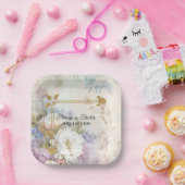 Witte dahlia’s met Paarse en blauwe accenten Papieren Bordje (Feest)