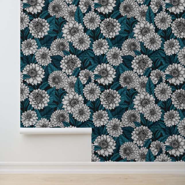 Witte Dahlia tuin/ blauwe bladeren 2 Behang (Applicatie)