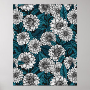 Witte Dahlia tuin/ blauwe bladeren 2 Poster