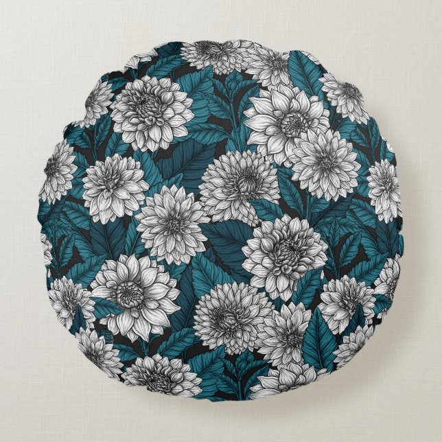 Witte Dahlia tuin/ blauwe bladeren 2 Rond Kussen (Voorkant)