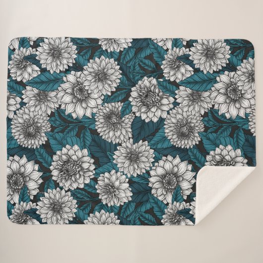 Witte Dahlia tuin/ blauwe bladeren 2 Sherpa Deken (Voorkant (horizontaal))