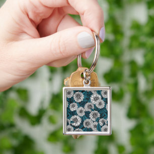 Witte Dahlia tuin/ blauwe bladeren 2 Sleutelhanger