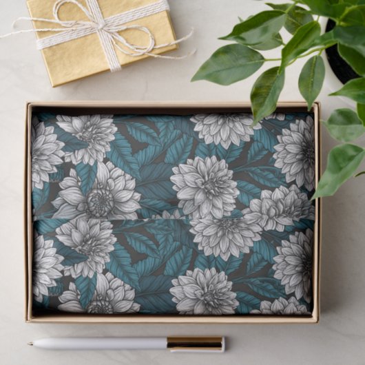 Witte Dahlia tuin/ blauwe bladeren 2 Tissuepapier (Geschenk)