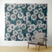 Witte Dahlia tuin/ blauwe bladeren 2 Wandkleed (In Situ (horizontaal))