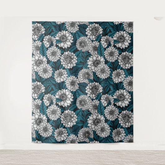 Witte Dahlia tuin/ blauwe bladeren 2 Wandkleed (Voorkant)