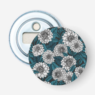 Witte Dahlia tuin/blauwe bladeren Button Flesopener