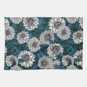 Witte Dahlia tuin/blauwe bladeren Theedoek (Horizontaal)