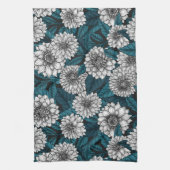 Witte Dahlia tuin/blauwe bladeren Theedoek (Verticaal)