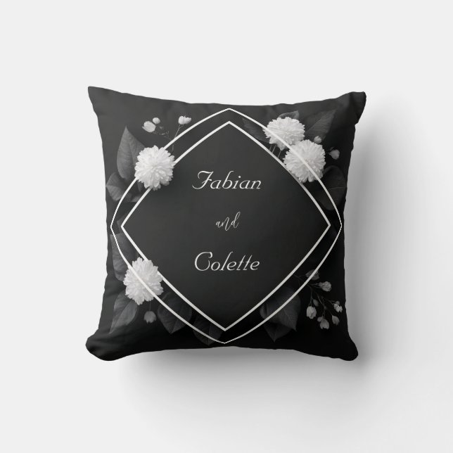 Witte Dahlia Zwarte Blad Diamant Frame Kussen (Voorkant)