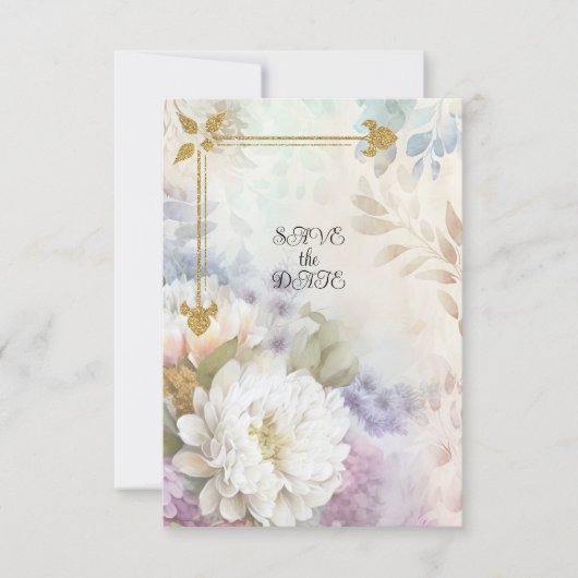 Witte Dahlia's met Paarse en blauwe accenten Save The Date (Voorkant)