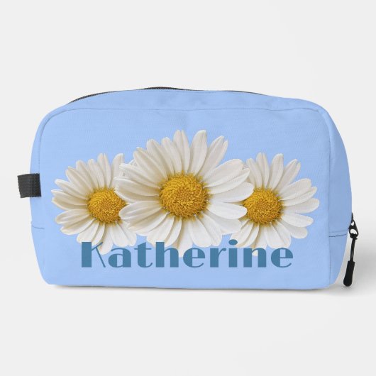 Witte Daisies Aangepaste Naam Blauw Toilettasje (Voorkant)
