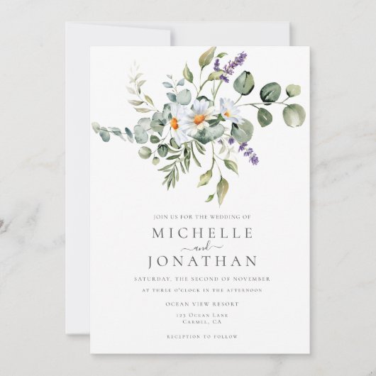 Witte Daisies Bruiloft uitnodiging met QR Code (Voorkant)