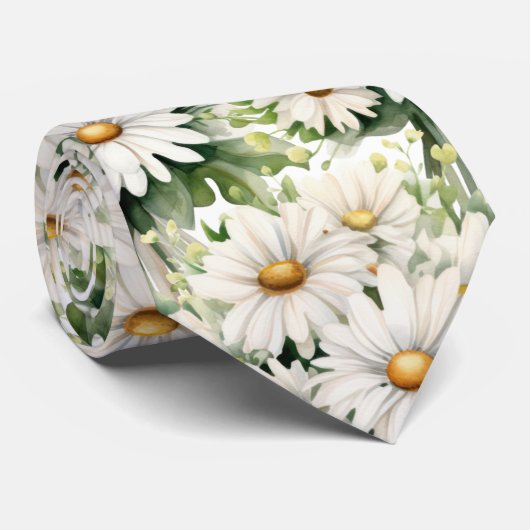 Witte Daisies Daisy Waterverf Bloemen Stropdas (Opgerold)