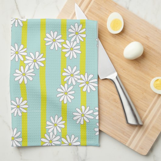Witte Daisies en Gele Strepen op Blauwgroen Groen Theedoek (Quarter Fold)