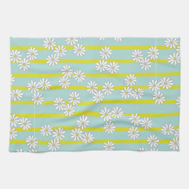 Witte Daisies en Gele Strepen op Blauwgroen Groen Theedoek