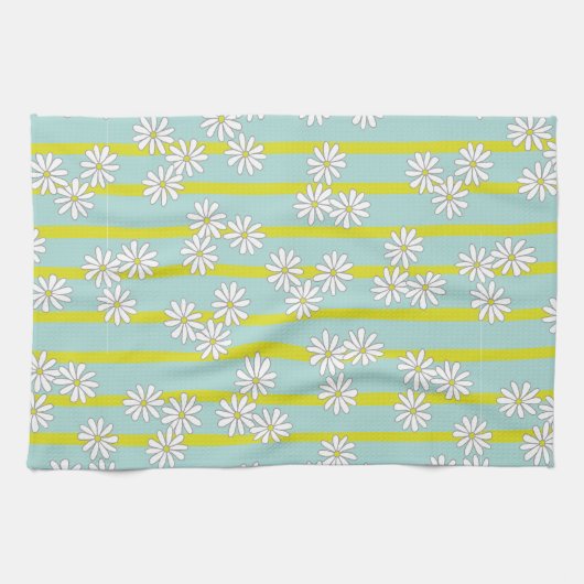 Witte Daisies en Gele Strepen op Blauwgroen Groen Theedoek (Horizontaal)