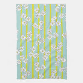Witte Daisies en Gele Strepen op Blauwgroen Groen Theedoek (Verticaal)