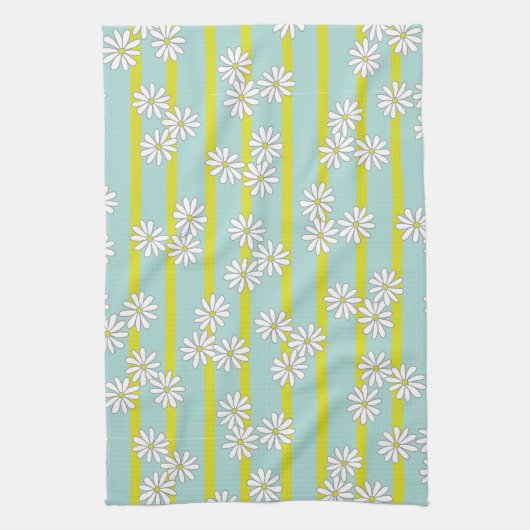 Witte Daisies en Gele Strepen op Blauwgroen Groen Theedoek (Verticaal)