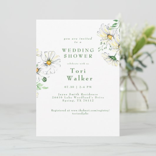 Witte Daisies Groen & Wit Trouwdouche Kaart (Staand voorkant)