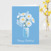 Witte Daisies Mason Jar op Blauwe Gelukkige Verjaa Kaart (Gele Bloem)