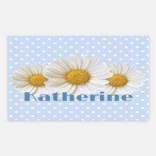 Witte Daisies Naam Polka Dots Blauw Rechthoekige Sticker