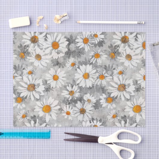 Witte Daisies op Zilveren Bloemen Patroon Tissuepapier (Craft)