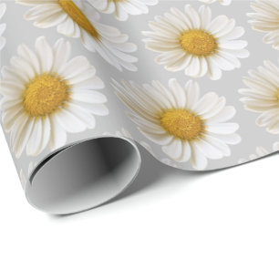 Witte Daisies Patroon Lichtgrijs Cadeaupapier