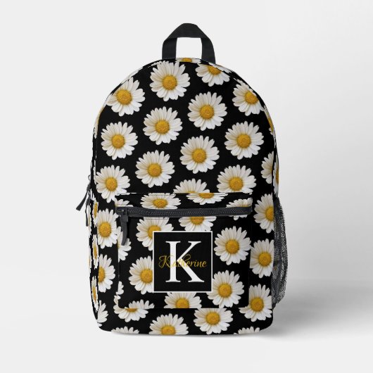 Witte Daisies Patroon Zwart Monogram Bedrukte Rugzak (Voorkant)