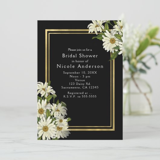 Witte Daisies Zwart & Goud Elegante Chic Uitnodigi Kaart (Staand voorkant)