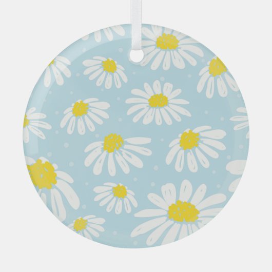 Witte Daisy Blauwe Achtergrond Naadloos Glas Ornament (Voorkant)
