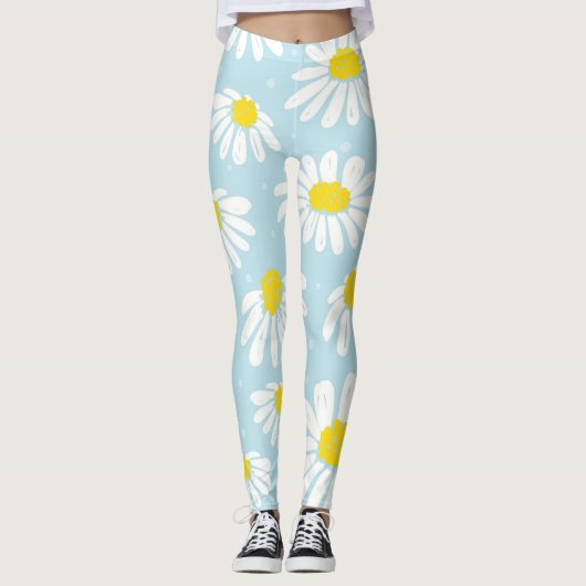 Witte Daisy Blauwe Achtergrond Naadloos Leggings (Voorkant)