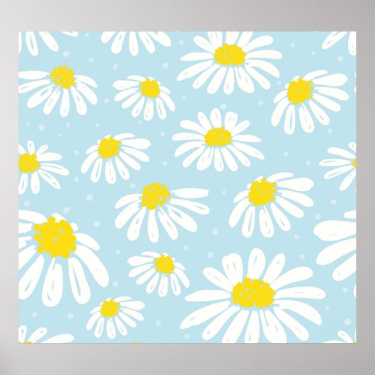 Witte Daisy Blauwe Achtergrond Naadloos Poster (Voorkant)