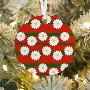 Witte Daisy Bloem rood Vrolijke Kerstvakantie Metalen Ornament