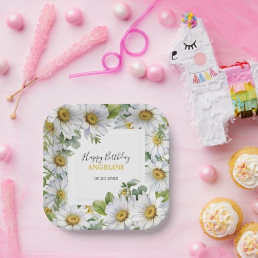 Witte Daisy Bloemen Greenery Verjaardag Papieren Bordje (Feest)